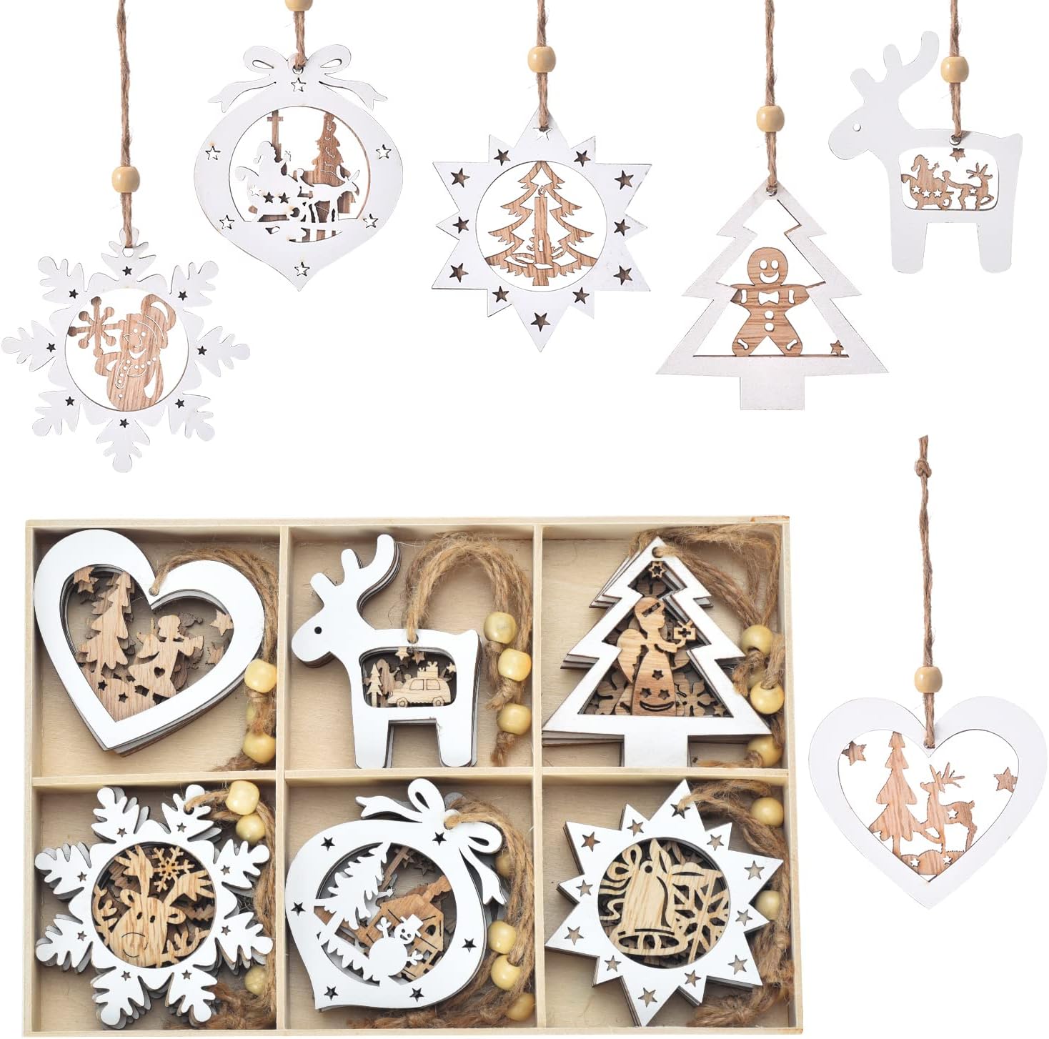 100Pcs Wooden Snowflakes Ornaments,Christmas Tree Hanging Decoration Wood  Cutouts DIY Craft Snowflake Shaped Embellishments Xmas Rustic Crafts With T