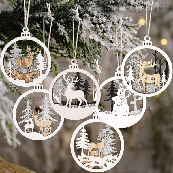 50pcs Wooden Christmas Tree Ornaments Mini Snowflake Tree Hanging